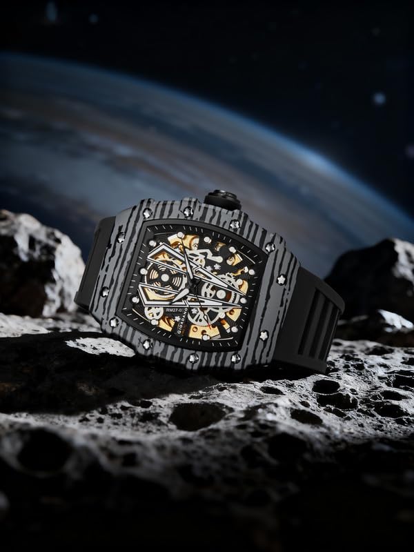 Giordano Automatic Square Watch for Men with Skeleton Design, Rugged Textured Case, Luminous Hands, and Silicone Strap - GZ-50181-11 - Image 4