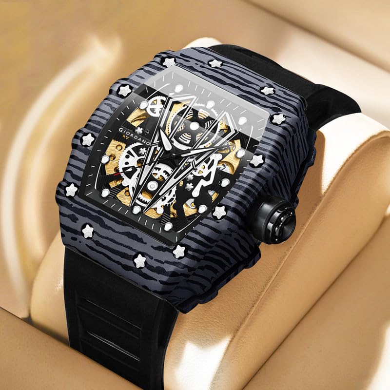 Giordano Automatic Square Watch for Men with Skeleton Design, Rugged Textured Case, Luminous Hands, and Silicone Strap - GZ-50181-11 - Image 3
