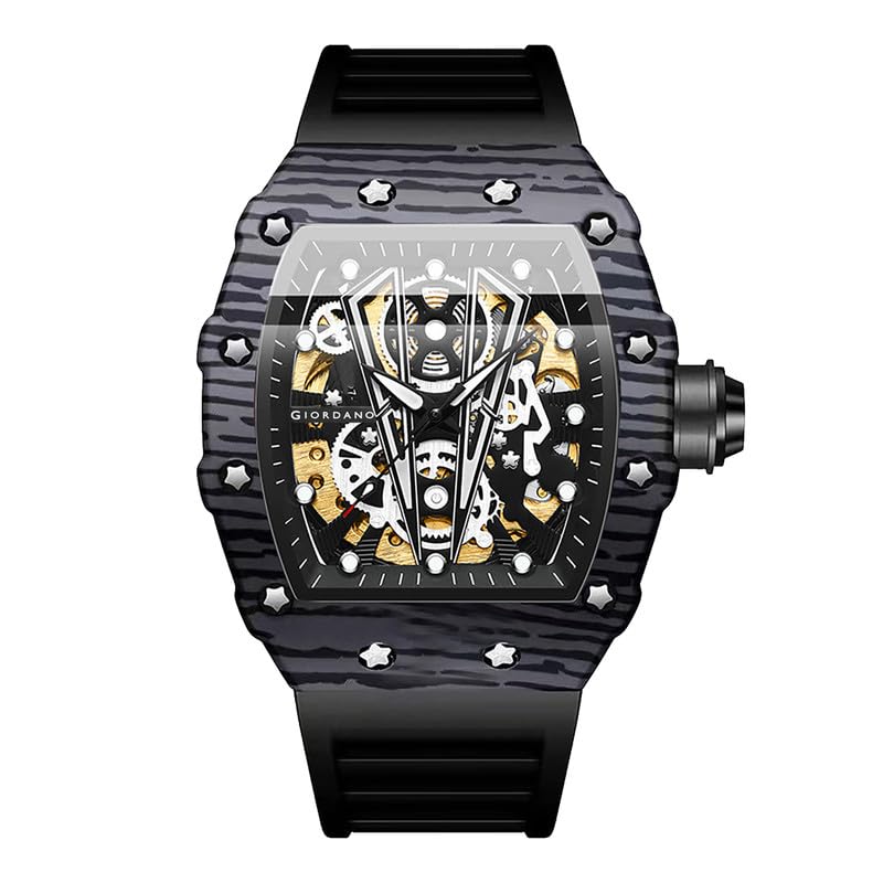 Giordano Automatic Square Watch for Men with Skeleton Design, Rugged Textured Case, Luminous Hands, and Silicone Strap - GZ-50181-11 - Image 1