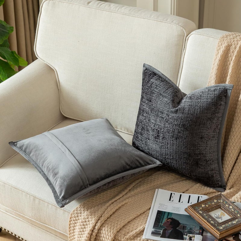 Yaertun Pack of 2 Chenille Textured Decorative Throw Pillow Covers Accent Solid Cushion Cover Soft Cozy Pillow Case with Velvet Back for Couch Sofa Bed Living Room 16x16 Inch Dark Grey - Image 2