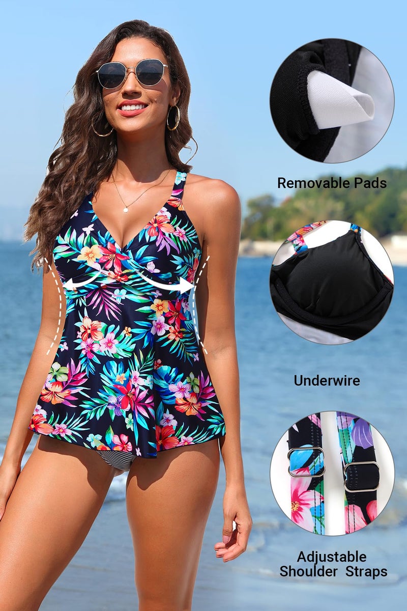 Yonique Women Underwire Tankini Top - Flowy Swimsuit Top Only Cross Back Twist Bathing Suit No Bottom 2025 Colorful Floral XL - Image 4
