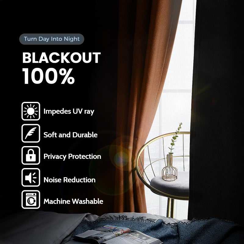 SimpleHome ستائر تعتيم 100% لغرفة النوم معزولة حراريًا باللون البرتقالي ستائر نافذة جروميت لغرفة المعيشة مع ظهر أسود 52 × 84 بوصة 2 لوح - Image 2