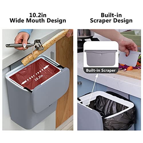 TOPROAD Kitchen Hanging Trash Can, 2.4 Gallon Wall Mounted Counter Waste Compost Bin, Small Garbage Can with Lid for Cupboard/Bathroom/Bedroom/Office/Camping/Under Sink(Grey) - Image 3
