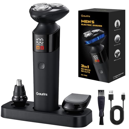 Gaurins Electric Razor for Men,3 in 1 Men's Rotary Shavers with Charging Stand, IPX7 Waterproof Hygiene Trimmer for Beard/Nose/Sideburns, USB-C Fast Charging, LED Display Travel Lock,Matte Black - Image 1