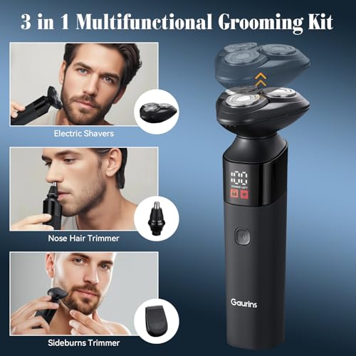 Gaurins Electric Razor for Men,3 in 1 Men's Rotary Shavers with Charging Stand, IPX7 Waterproof Hygiene Trimmer for Beard/Nose/Sideburns, USB-C Fast Charging, LED Display Travel Lock,Matte Black - Image 3