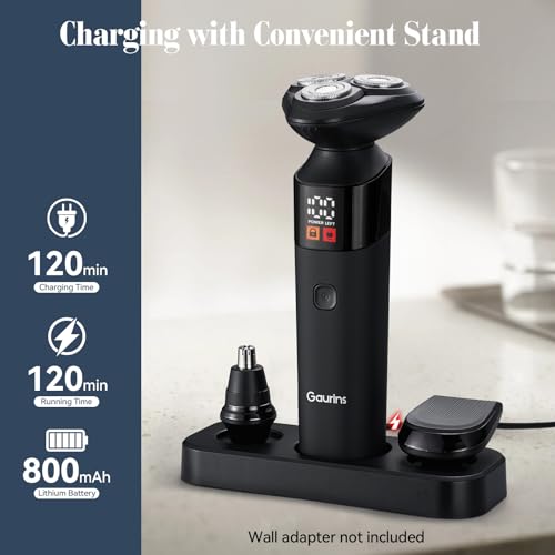 Gaurins Electric Razor for Men,3 in 1 Men's Rotary Shavers with Charging Stand, IPX7 Waterproof Hygiene Trimmer for Beard/Nose/Sideburns, USB-C Fast Charging, LED Display Travel Lock,Matte Black - Image 4