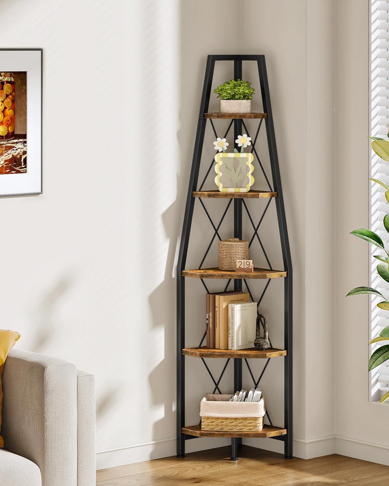 CHOEZON 5-Tier Corner Shelf, Corner Bookshelf, Ladder Shelf, Floor Standing Storage Rack, Open Display Stand, Plant Stand, for Living Room, Bedroom, Study, Bathroom, Rustic Brown and Black TCJ22BF - Image 1