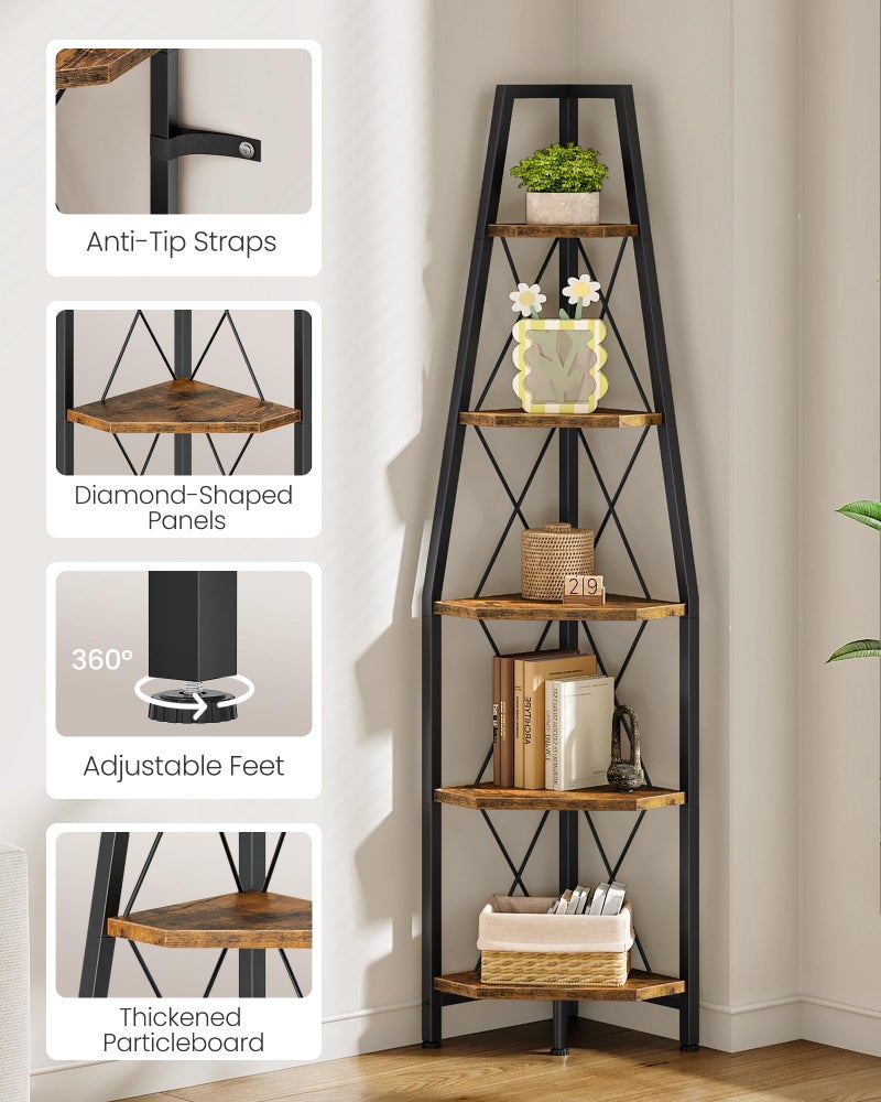 CHOEZON 5-Tier Corner Shelf, Corner Bookshelf, Ladder Shelf, Floor Standing Storage Rack, Open Display Stand, Plant Stand, for Living Room, Bedroom, Study, Bathroom, Rustic Brown and Black TCJ22BF - Image 5