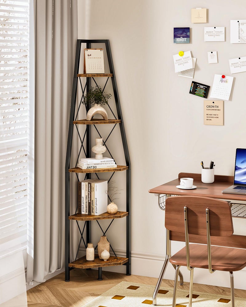 CHOEZON 5-Tier Corner Shelf, Corner Bookshelf, Ladder Shelf, Floor Standing Storage Rack, Open Display Stand, Plant Stand, for Living Room, Bedroom, Study, Bathroom, Rustic Brown and Black TCJ22BF - Image 2