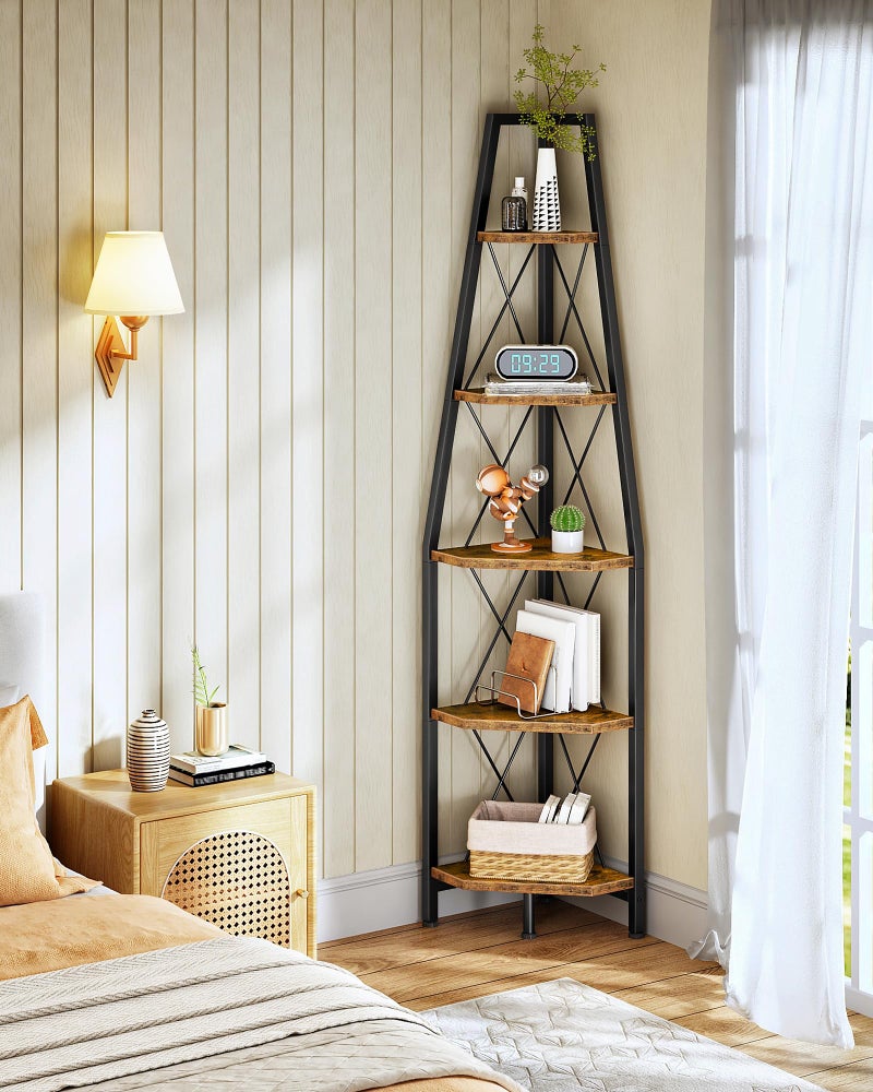 CHOEZON 5-Tier Corner Shelf, Corner Bookshelf, Ladder Shelf, Floor Standing Storage Rack, Open Display Stand, Plant Stand, for Living Room, Bedroom, Study, Bathroom, Rustic Brown and Black TCJ22BF - Image 3