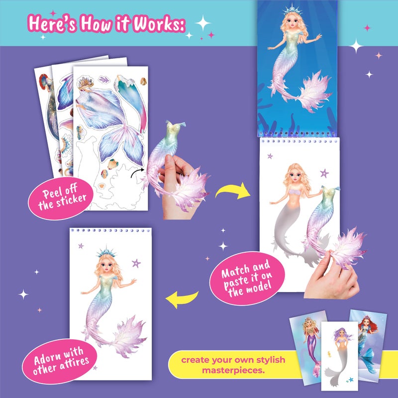 BSCOOL Sticker Dress up Mermaid - Sticker Activity Book for Kids. Learn Girls Fashion Design for Mermaid with Stickers and Guides for Kids 5 and up. Little Designer Creativity Book - Image 4