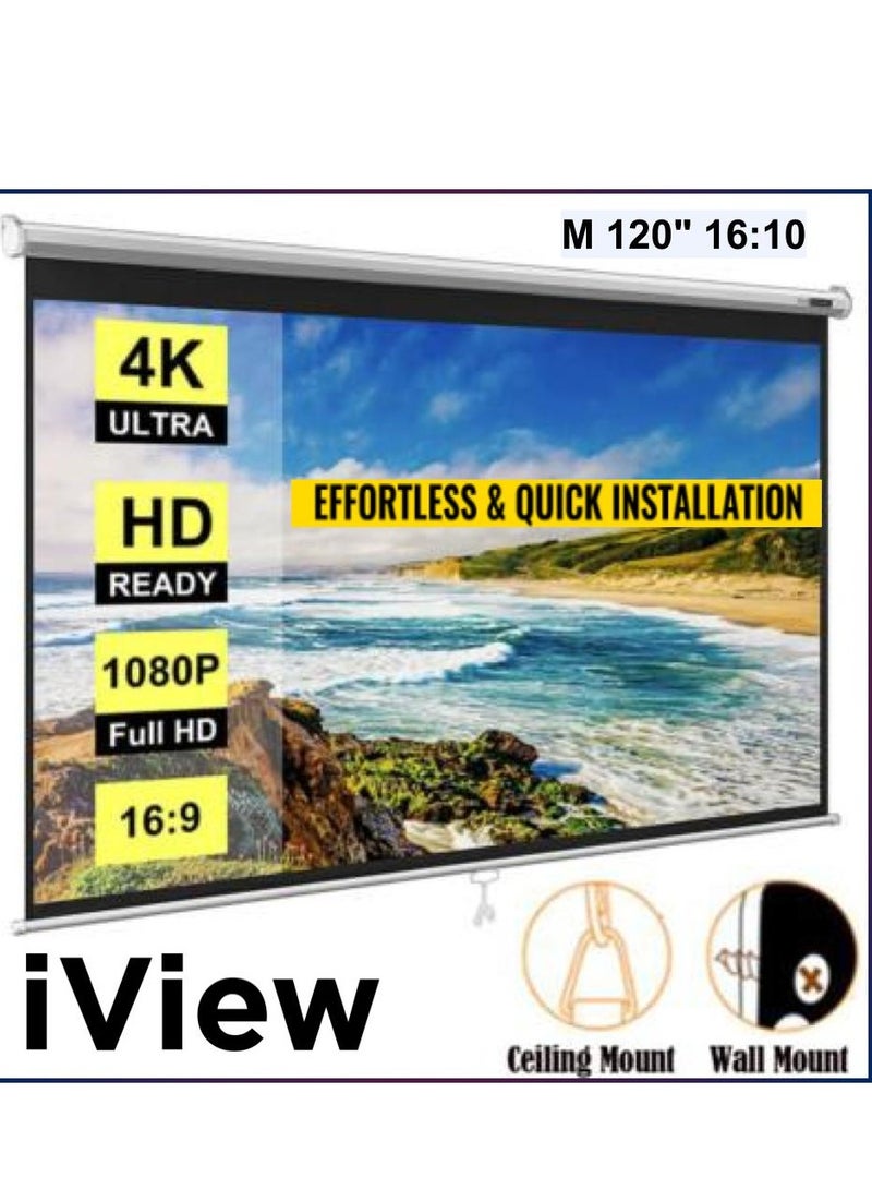 iview iView 120'' 266 × 160 cm Manual Projection Screen – 16:10 Widescreen, MaxWhite Matte Surface, Auto-Lock Pull‑Down, Dual Wall/Ceiling Mount, Black Masking Borders  - Image 1