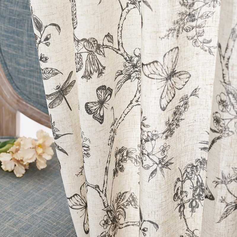 Lazzzy Linen Black Floral Farmhouse Curtains 96 Inches Long Drapes for Living Room Bedroom Pattern Light Filtering Country Vintage Curtain Grommet Top, 2 Panels, Black on Beige - Image 3