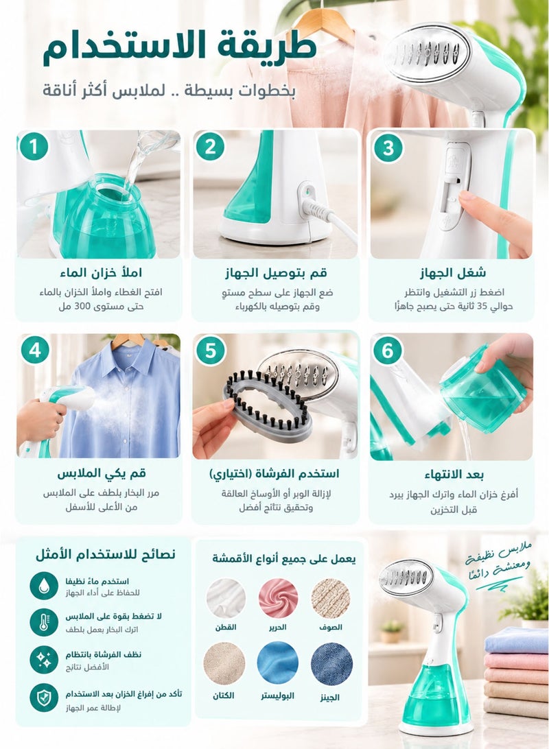 توسكانا يو مكواة بخار للملابس، مكواة بخار للملابس محمولة عالية القوة، مكواة بخار محمولة، 35 ثانية، تسخين سريع، مزيل للتجاعيد - 1500 وات 300 مل - Image 3