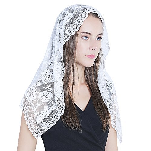 TREORSI Lace Mantilla Catholic Chapel Veil Head Covering Latin Mass (White) - Image 1