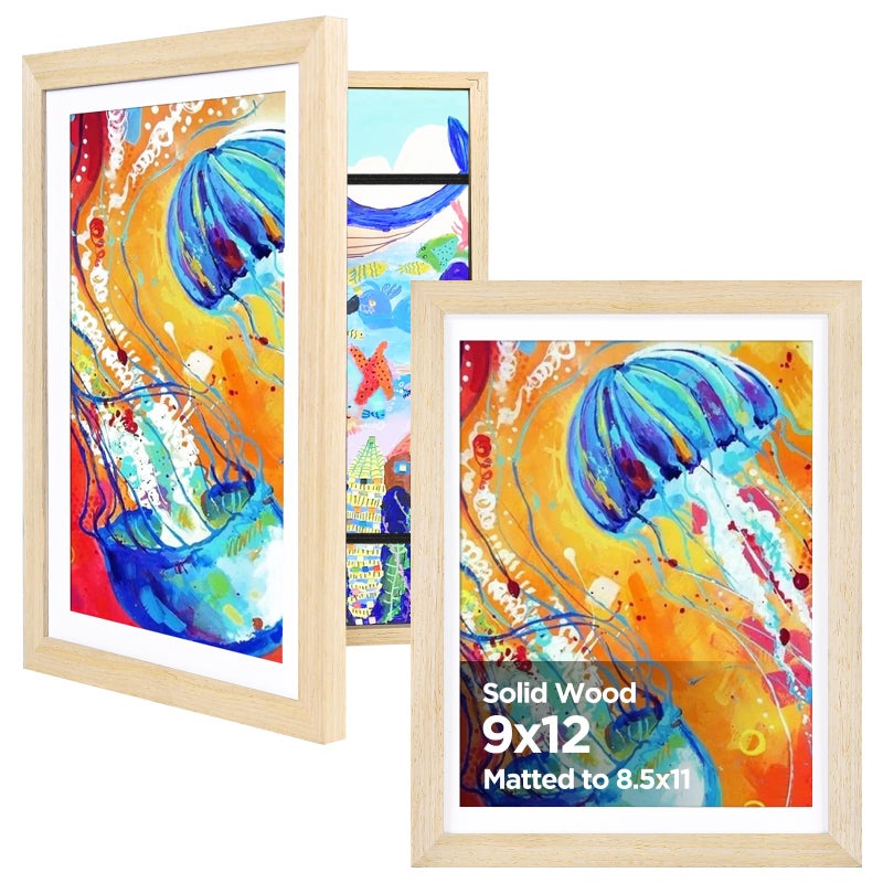KINLINK 9x12 Kids Art Frames Set of 2 Solid Wood Kids Artwork Frames Changeable with Acrylic Front Opening Holds 150 Pictures Art Frames for Kids Artwork with Mat or without Mat Natural