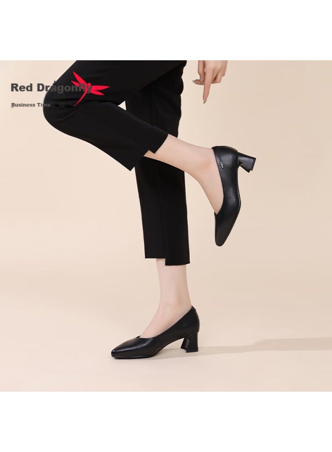 Red Dragonfly Women'S Leather Shoes Women'S Thick Heel Commuting Single Shoes Work Shoes Comfortable High Heels Wtb152771 Black Size 37