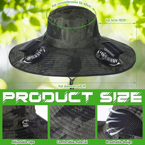 Berlune Men Sun Hat with 2 Solar Fan Fishing Wide Brim Sun Hat for Beach Outdoor Summer Camping, USB & Solar Powered(Army Green,Simple) - Image 2