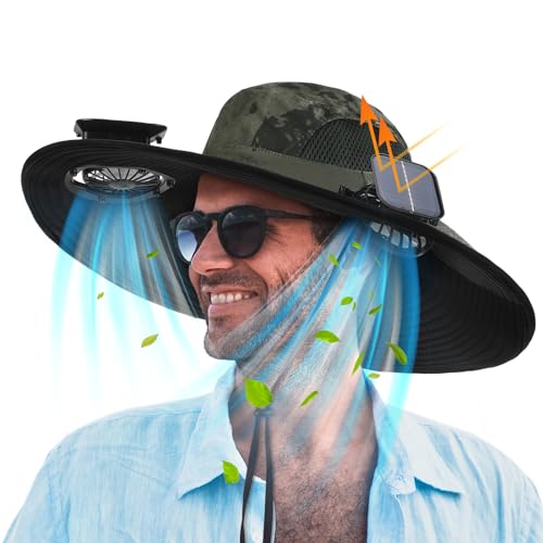 Berlune Men Sun Hat with 2 Solar Fan Fishing Wide Brim Sun Hat for Beach Outdoor Summer Camping, USB & Solar Powered(Army Green,Simple) - Image 1
