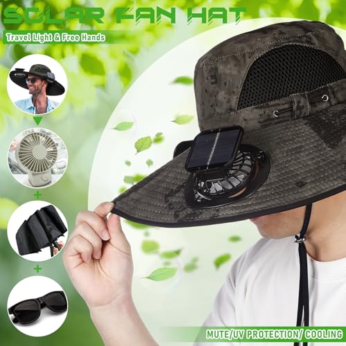 Berlune Men Sun Hat with 2 Solar Fan Fishing Wide Brim Sun Hat for Beach Outdoor Summer Camping, USB & Solar Powered(Army Green,Simple) - Image 5