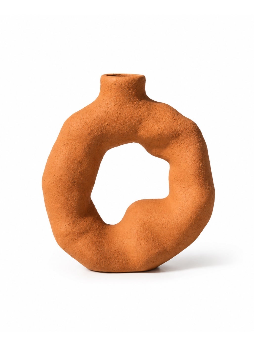 Casa Home Handmade Pottery Decorative Vase, Abstract Irregular Donut-Shaped Flower Vase with Textured Matte Finish for Living Room, Shelf and Table Décor, Terracotta Orange, 1 Piece