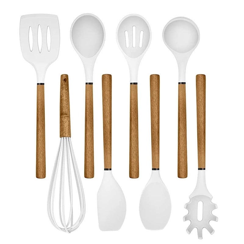 Country Kitchen Non Stick Silicone Utensil Set with Rounded Wood Handles for Cooking and Baking 8 Piece Set White