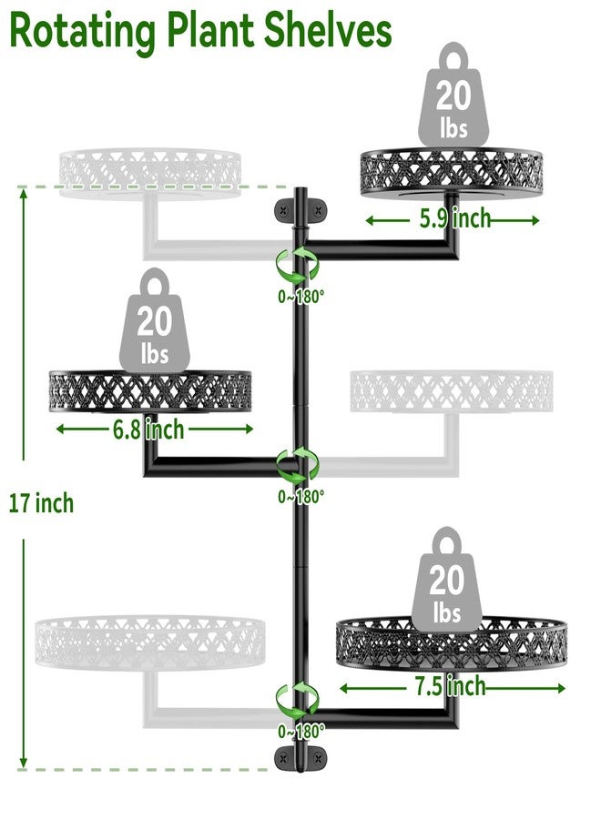 OVICAR Rotating Window Plant Shelves - Indoor Wall Plant Stand 3-Tier Floral Metal Window Shelf Holder for Multiple Plants with Hanging Hooks Home Decor Black - Image 3