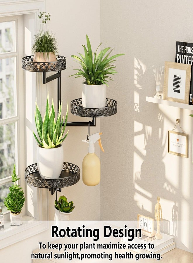 OVICAR Rotating Window Plant Shelves - Indoor Wall Plant Stand 3-Tier Floral Metal Window Shelf Holder for Multiple Plants with Hanging Hooks Home Decor Black - Image 4