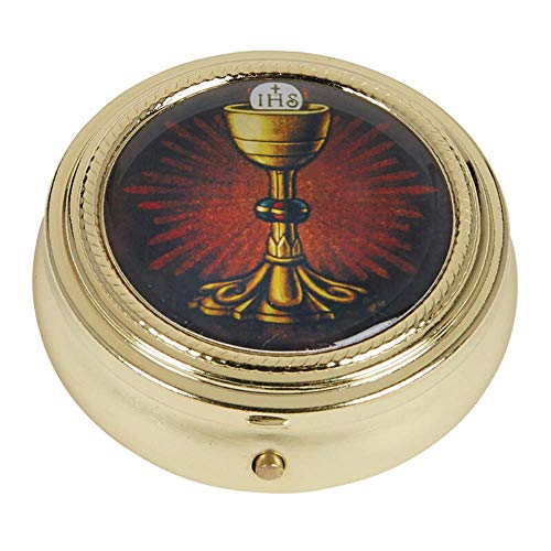 Catholic Pyx Case Gold Tone IHS Chalice and Host Communion PYX with Epoxy Lid, 2 1/4 Inch - Image 1