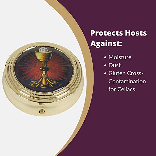 Catholic Pyx Case Gold Tone IHS Chalice and Host Communion PYX with Epoxy Lid, 2 1/4 Inch - Image 2