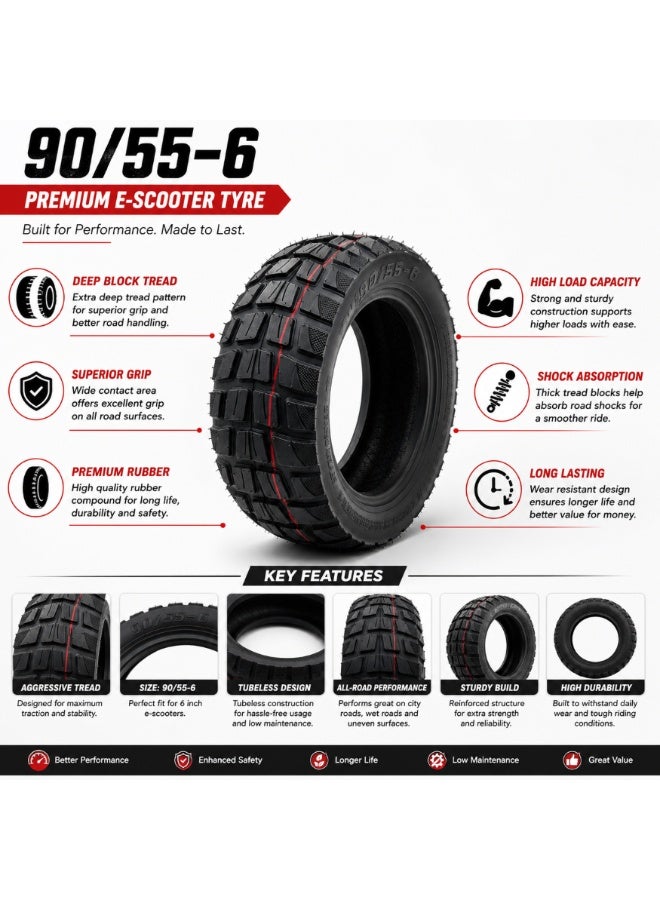 Fukukawa 90/55-6 Pneumatic Electric Scooter Tire | Heavy Duty Replacement Tyre | Tubeless Air Filled | High Traction Anti-Skid Rubber | Wear Resistant | Max Load 85kg | Black - Image 4