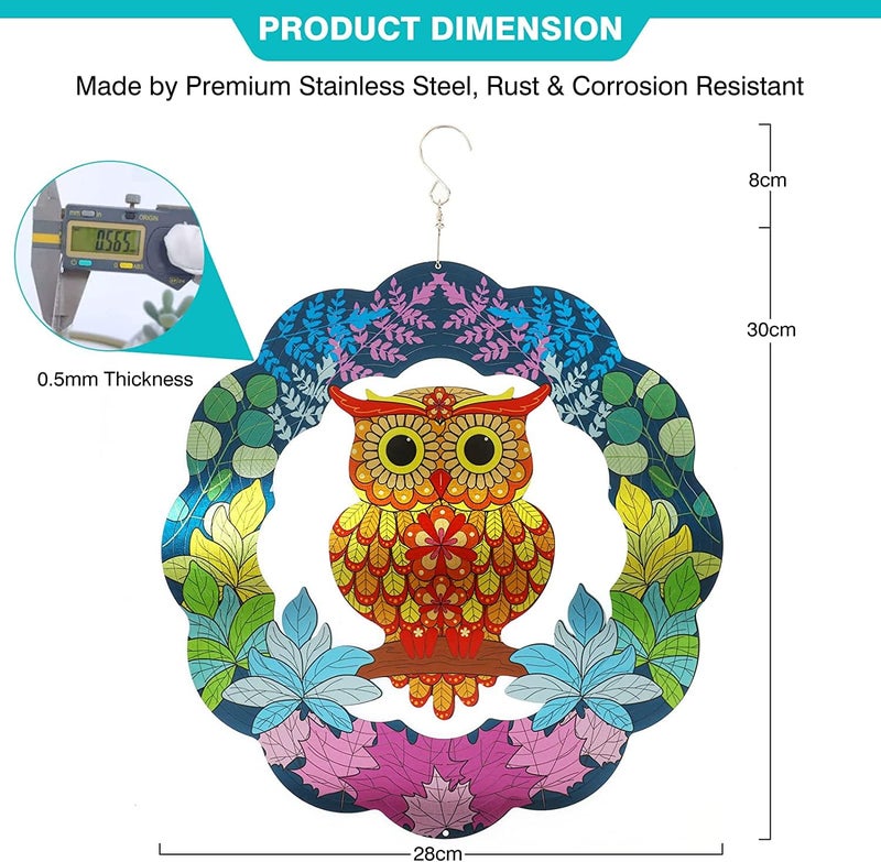 Cactopia 3D Wind Spinners 12” Metal Stainless Steel Illusion Art for Outdoor Balcony Garden Decor & Gifts (Mystical Owl) - Image 5