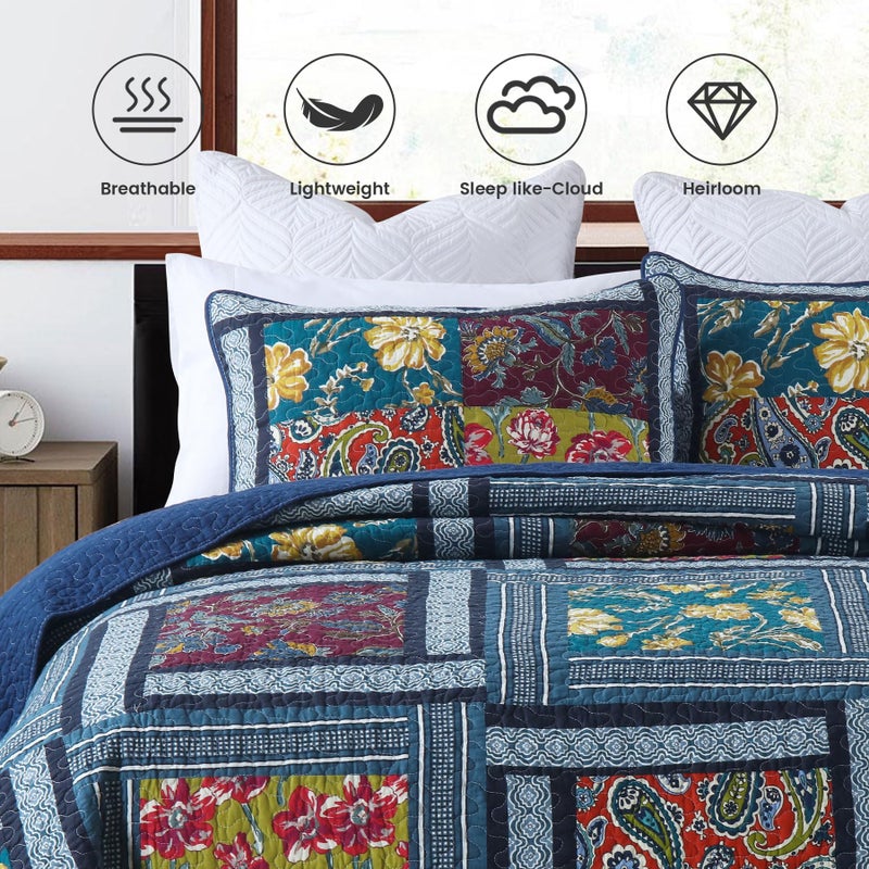 Secgo Queen Comforter Set for Bed - 100% Cotton Quilts Queen Size, Burgundy Bedspreads (90 * 98 Inch) with 2 Pillow Shams, Patchwork Reversible Lightweight Bedding - Image 3