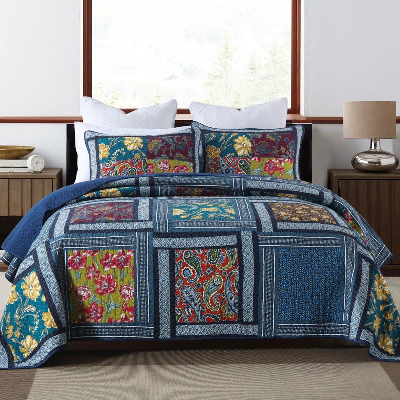 Secgo Queen Comforter Set for Bed - 100% Cotton Quilts Queen Size, Burgundy Bedspreads (90 * 98 Inch) with 2 Pillow Shams, Patchwork Reversible Lightweight Bedding - Image 1