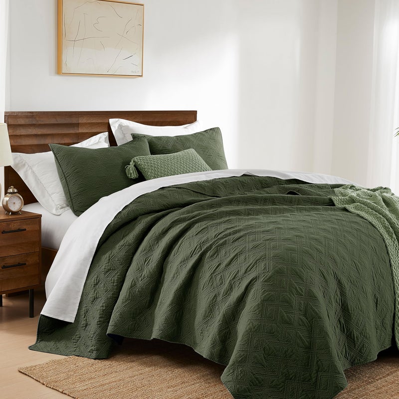 WDCOZY 100% Cotton King Size Quilt Set - Olive Green Pre-Washed Soft Lightweight Modern Bedspread, Farmhouse Country Rustic Coverlet, Textured Like Linen, Shabby Chic Gauze Bedding, 3 Pieces - Image 3