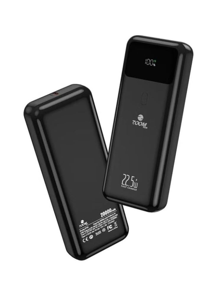 زوم بلس بطارية خارجية ZP-20 بسعة 20000 مللي أمبير/ساعة وقوة 22.5 واط وشحن سريع للغاية بمدخل واحد ومخرج واحد، مجموعة بطارية ماكسيمو باللون الأسود - Image 1