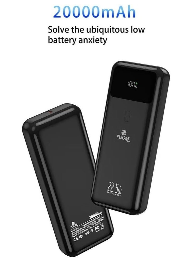 زوم بلس بطارية خارجية ZP-20 بسعة 20000 مللي أمبير/ساعة وقوة 22.5 واط وشحن سريع للغاية بمدخل واحد ومخرج واحد، مجموعة بطارية ماكسيمو باللون الأسود - Image 2