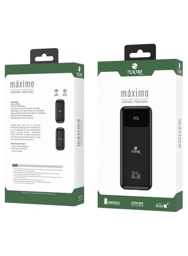 زوم بلس بطارية خارجية ZP-20 بسعة 20000 مللي أمبير/ساعة وقوة 22.5 واط وشحن سريع للغاية بمدخل واحد ومخرج واحد، مجموعة بطارية ماكسيمو باللون الأسود - Image 4