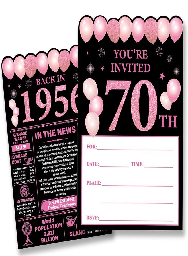 Nurawo 70th Birthday Party Invitations for Women, Back in 1956 Invites, 70 Year Old Birthday Invitations, 20 Fill-in-the-Blank Party Invites with Envelopes (Pink & Black) - Image 1