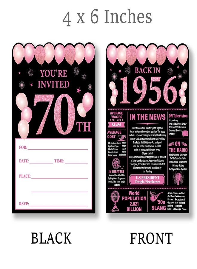 Nurawo 70th Birthday Party Invitations for Women, Back in 1956 Invites, 70 Year Old Birthday Invitations, 20 Fill-in-the-Blank Party Invites with Envelopes (Pink & Black) - Image 2