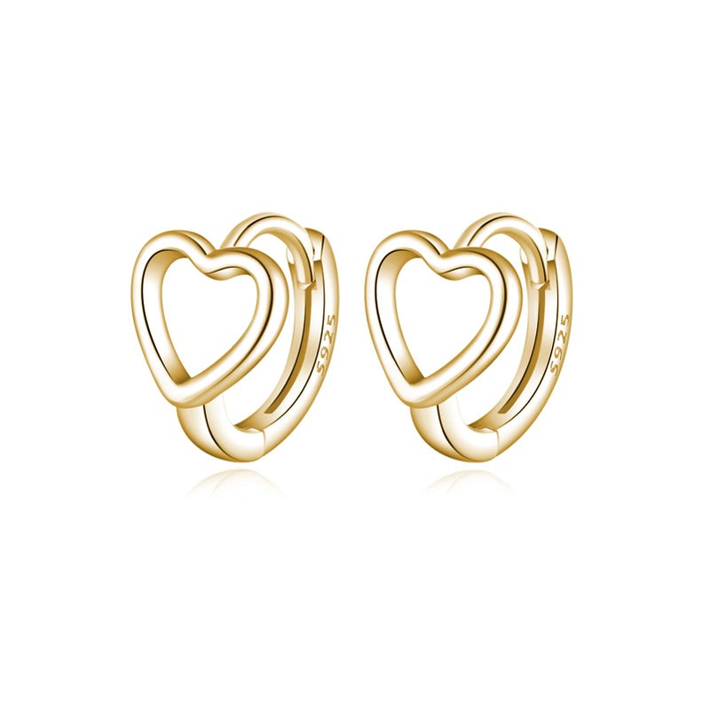 Reffeer Solid 925 Sterling Silver Love Heart Hoop Earrings Huggie for Women Teen Girls Heart Hoop Earrings Love Huggie (B-18K Gold) - Image 1