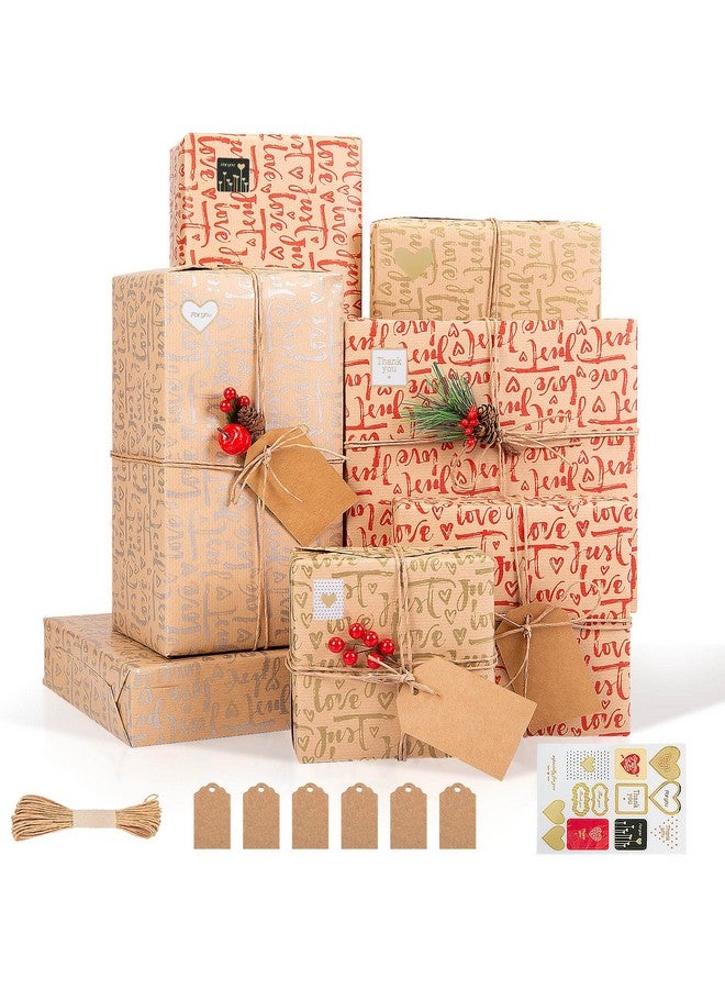 Larcenciel Gift Wrapping Paper 6 Sheets Metallic Love Heart Wrapping Paper For Valentine'S Day Vintage Kraft Wrapping Paper Set Gift Wraps For Birthdays Weddings Baby Shower Mothers Day3 Colors - Image 1