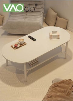 VAOdo 2 Tier Coffee Table Oval Wood Table with Open Shelving for Storage and Display Sofa Table Living Room Large Capacity Storage Tables Central Table White  - Image 1