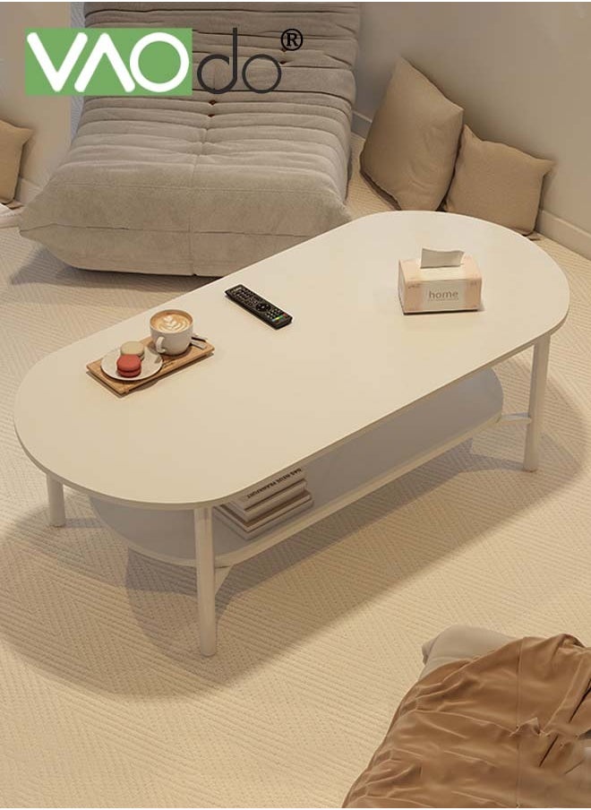 VAOdo - 2 Tier Coffee Table Oval Wood Table with Open Shelving for Storage and Display Sofa Table Living Room Large Capacity Storage Tables Central Table White - Image 1