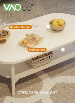 VAOdo 2 Tier Coffee Table Oval Wood Table with Open Shelving for Storage and Display Sofa Table Living Room Large Capacity Storage Tables Central Table White  - Image 4