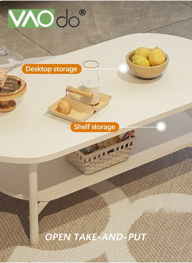 VAOdo - 2 Tier Coffee Table Oval Wood Table with Open Shelving for Storage and Display Sofa Table Living Room Large Capacity Storage Tables Central Table White - Image 1