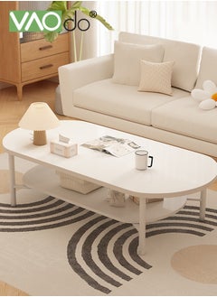 VAOdo 2 Tier Coffee Table Oval Wood Table with Open Shelving for Storage and Display Sofa Table Living Room Large Capacity Storage Tables Central Table White  - Image 2