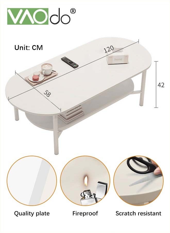 VAOdo - 2 Tier Coffee Table Oval Wood Table with Open Shelving for Storage and Display Sofa Table Living Room Large Capacity Storage Tables Central Table White - Image 1