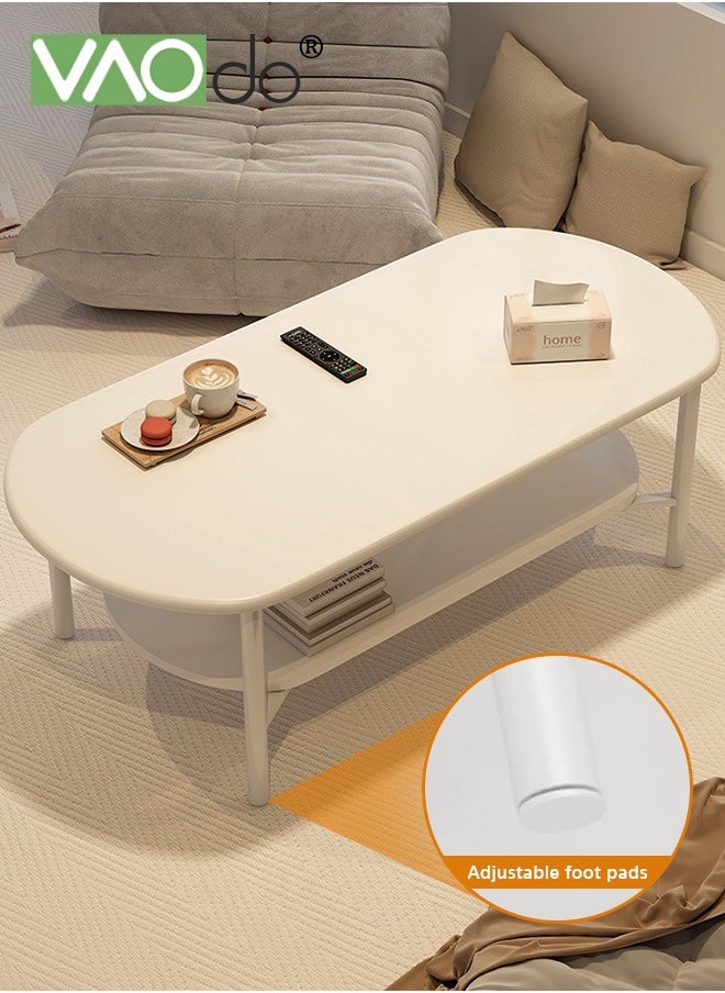 VAOdo - 2 Tier Coffee Table Oval Wood Table with Open Shelving for Storage and Display Sofa Table Living Room Large Capacity Storage Tables Central Table White - Image 1