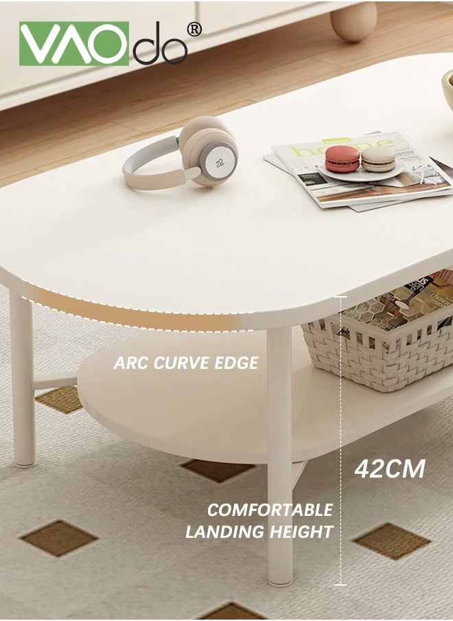 VAOdo - 2 Tier Coffee Table Oval Wood Table with Open Shelving for Storage and Display Sofa Table Living Room Large Capacity Storage Tables Central Table White - Image 1